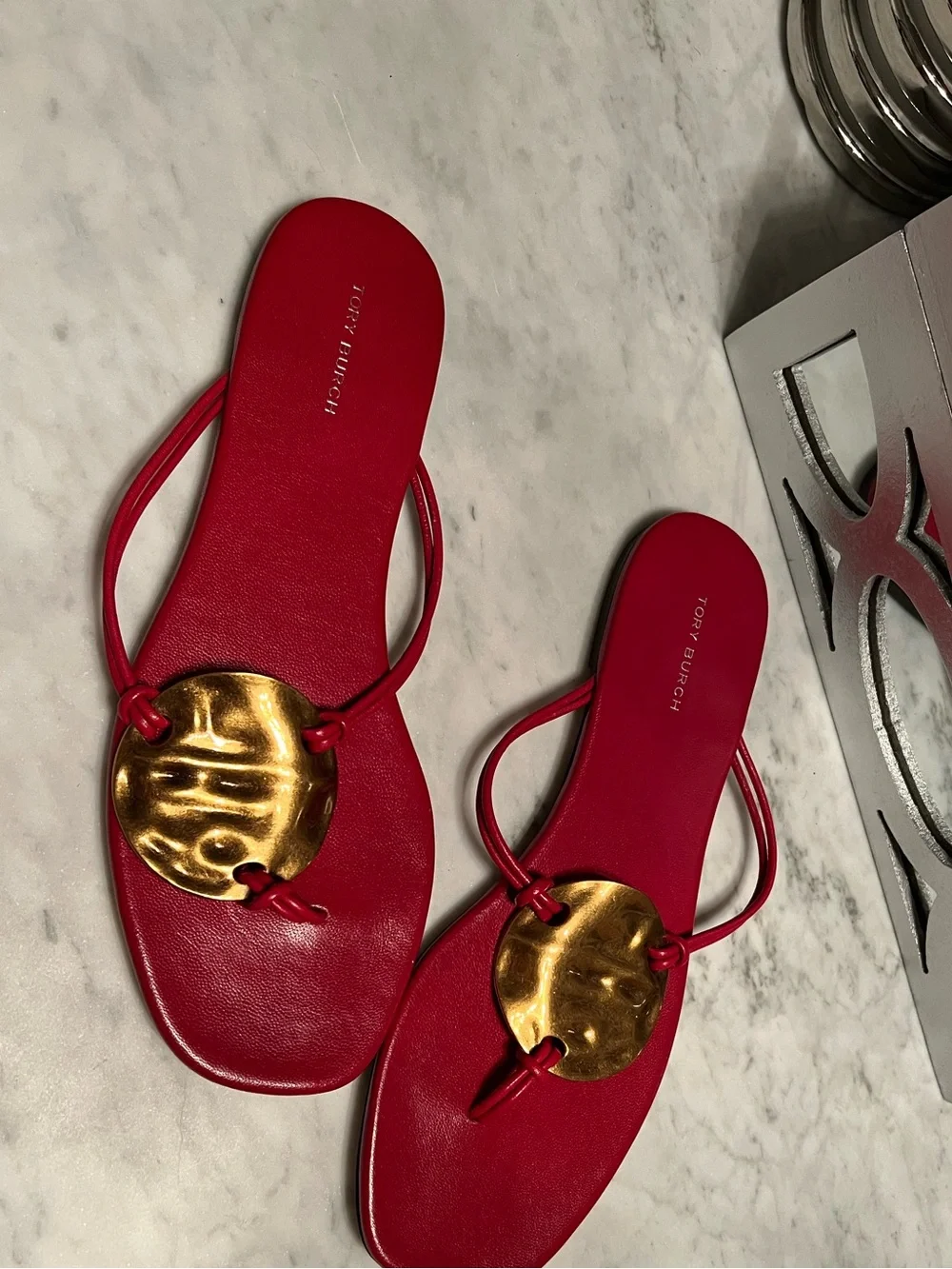 Tory Burch Red Sandal with Gold Medallion